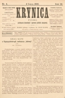 Krynica : pismo poświęcone balneologii i sprawom polskich zdrojowisk. 1893, nr 4