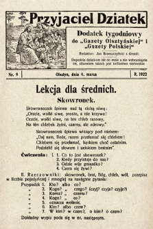 Przyjaciel Dziatek : dodatek tygodniowy do „Gazety Olsztyńskiej” i „Gazety Polskiej”. 1922, nr 9
