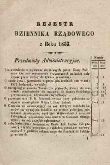 Dziennik Rządowy Wolnego Miasta Krakowa i Jego Okręgu. 1833, Rejestr Dziennika