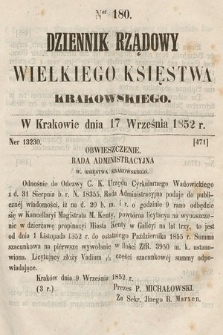 Dziennik Rządowy Wielkiego Księstwa Krakowskiego. 1852, nr 180