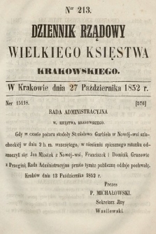 Dziennik Rządowy Wielkiego Księstwa Krakowskiego. 1852, nr 213