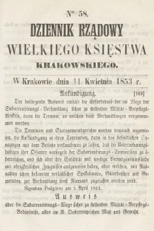 Dziennik Rządowy Wielkiego Księstwa Krakowskiego. 1853, nr 58
