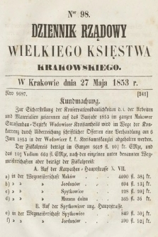 Dziennik Rządowy Wielkiego Księstwa Krakowskiego. 1853, nr 98