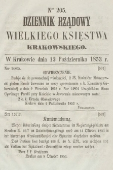 Dziennik Rządowy Wielkiego Księstwa Krakowskiego. 1853, nr 205