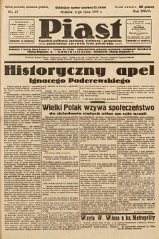 Piast : tygodnik polityczny, społeczny, oświatowy i gospodarczy poświęcony sprawom ludu polskiego. 1939, nr 27