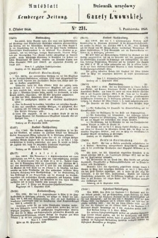 Amtsblatt zur Lemberger Zeitung = Dziennik Urzędowy do Gazety Lwowskiej. 1850, nr 231