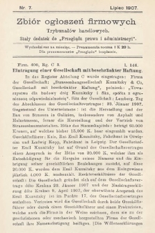Zbiór ogłoszeń firmowych trybunałów handlowych : stały dodatek do „Przeglądu Prawa i Administracyi”. 1907, nr 7