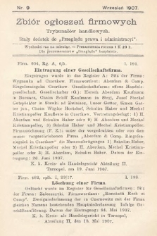Zbiór ogłoszeń firmowych trybunałów handlowych : stały dodatek do „Przeglądu Prawa i Administracyi”. 1907, nr 9