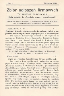 Zbiór ogłoszeń firmowych trybunałów handlowych : stały dodatek do „Przeglądu Prawa i Administracyi”. 1910, nr 1