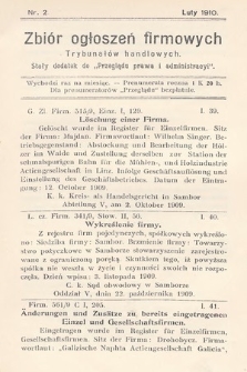 Zbiór ogłoszeń firmowych trybunałów handlowych : stały dodatek do „Przeglądu Prawa i Administracyi”. 1910, nr 2
