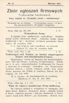 Zbiór ogłoszeń firmowych trybunałów handlowych : stały dodatek do „Przeglądu Prawa i Administracyi”. 1910, nr 3