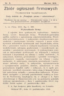 Zbiór ogłoszeń firmowych trybunałów handlowych : stały dodatek do „Przeglądu Prawa i Administracyi”. 1914, nr 3