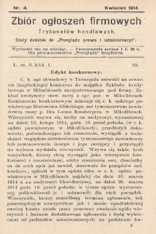 Zbiór ogłoszeń firmowych trybunałów handlowych : stały dodatek do „Przeglądu Prawa i Administracyi”. 1914, nr 4