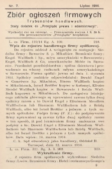 Zbiór ogłoszeń firmowych trybunałów handlowych : stały dodatek do „Przeglądu Prawa i Administracyi”. 1914, nr 7