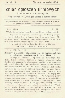 Zbiór ogłoszeń firmowych trybunałów handlowych : stały dodatek do „Przeglądu Prawa i Administracyi”. 1909, nr  8 i 9