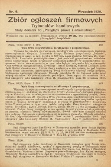 Zbiór ogłoszeń firmowych trybunałów handlowych : stały dodatek do „Przeglądu Prawa i Administracji”. 1920, nr 9