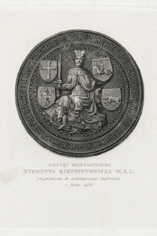 Pieczęć maiestatyczna Zygmunta Kieystutowicza W. X. L. przywieszona do autentycznego dyplomatu z roku 1436