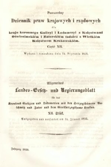 Powszechny Dziennik Praw Krajowych i Rządowych [...] = Allgemeines Landes-Gesetz- und Regierungs-Blatt [...]. 1850, cz. 12