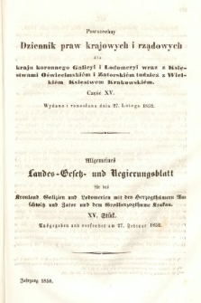 Powszechny Dziennik Praw Krajowych i Rządowych [...] = Allgemeines Landes-Gesetz- und Regierungs-Blatt [...]. 1850, cz. 15
