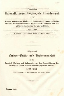 Powszechny Dziennik Praw Krajowych i Rządowych [...] = Allgemeines Landes-Gesetz- und Regierungs-Blatt [...]. 1850, cz. 18