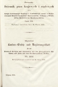 Powszechny Dziennik Praw Krajowych i Rządowych [...] = Allgemeines Landes-Gesetz- und Regierungs-Blatt [...]. 1850, cz. 20