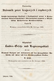 Powszechny Dziennik Praw Krajowych i Rządowych [...] = Allgemeines Landes-Gesetz- und Regierungs-Blatt [...]. 1852, cz. 2