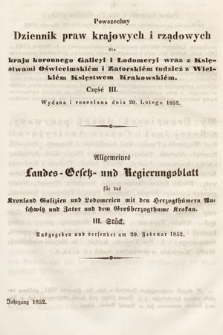 Powszechny Dziennik Praw Krajowych i Rządowych [...] = Allgemeines Landes-Gesetz- und Regierungs-Blatt [...]. 1852, cz. 3