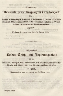 Powszechny Dziennik Praw Krajowych i Rządowych [...] = Allgemeines Landes-Gesetz- und Regierungs-Blatt [...]. 1852, cz. 4