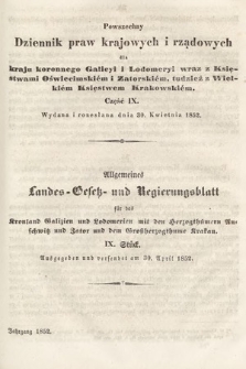 Powszechny Dziennik Praw Krajowych i Rządowych [...] = Allgemeines Landes-Gesetz- und Regierungs-Blatt [...]. 1852, cz. 9