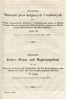 Powszechny Dziennik Praw Krajowych i Rządowych [...] = Allgemeines Landes-Gesetz- und Regierungs-Blatt [...]. 1852, cz. 11
