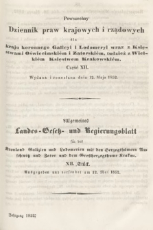 Powszechny Dziennik Praw Krajowych i Rządowych [...] = Allgemeines Landes-Gesetz- und Regierungs-Blatt [...]. 1852, cz. 12