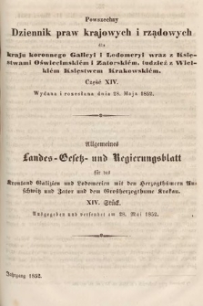Powszechny Dziennik Praw Krajowych i Rządowych [...] = Allgemeines Landes-Gesetz- und Regierungs-Blatt [...]. 1852, cz. 14