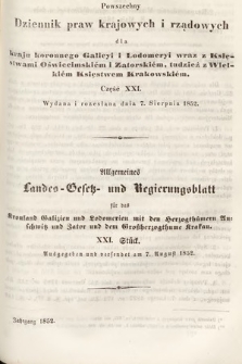 Powszechny Dziennik Praw Krajowych i Rządowych [...] = Allgemeines Landes-Gesetz- und Regierungs-Blatt [...]. 1852, cz. 21