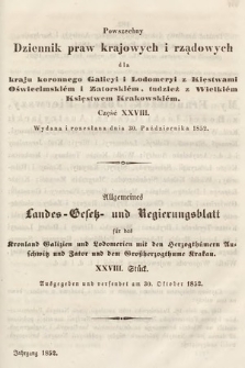Powszechny Dziennik Praw Krajowych i Rządowych [...] = Allgemeines Landes-Gesetz- und Regierungs-Blatt [...]. 1852, cz. 28