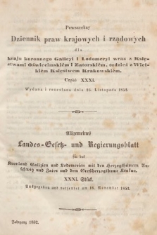 Powszechny Dziennik Praw Krajowych i Rządowych [...] = Allgemeines Landes-Gesetz- und Regierungs-Blatt [...]. 1852, cz. 31
