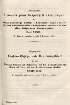 Powszechny Dziennik Praw Krajowych i Rządowych [...] = Allgemeines Landes-Gesetz- und Regierungs-Blatt [...]. 1852, cz. 39