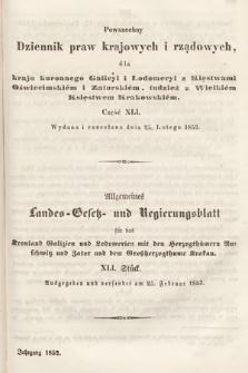 Powszechny Dziennik Praw Krajowych i Rządowych [...] = Allgemeines Landes-Gesetz- und Regierungs-Blatt [...]. 1852, cz. 41