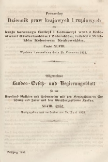 Powszechny Dziennik Praw Krajowych i Rządowych [...] = Allgemeines Landes-Gesetz- und Regierungs-Blatt [...]. 1852, cz. 48