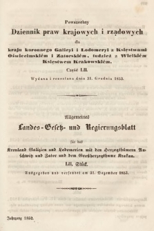 Powszechny Dziennik Praw Krajowych i Rządowych [...] = Allgemeines Landes-Gesetz- und Regierungs-Blatt [...]. 1852, cz. 52