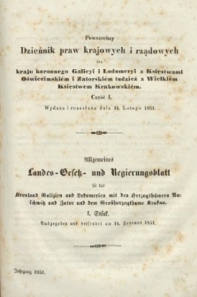 Powszechny Dziennik Praw Krajowych i Rządowych [...] = Allgemeines Landes-Gesetz- und Regierungs-Blatt [...]. 1851, oddział 1, cz. 1