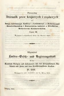 Powszechny Dziennik Praw Krajowych i Rządowych [...] = Allgemeines Landes-Gesetz- und Regierungs-Blatt [...]. 1851, oddział 1, cz. 3