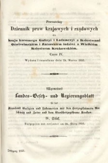 Powszechny Dziennik Praw Krajowych i Rządowych [...] = Allgemeines Landes-Gesetz- und Regierungs-Blatt [...]. 1851, oddział 1, cz. 4