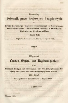 Powszechny Dziennik Praw Krajowych i Rządowych [...] = Allgemeines Landes-Gesetz- und Regierungs-Blatt [...]. 1851, oddział 1, cz. 13