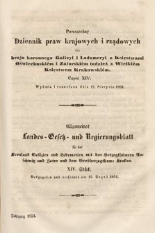 Powszechny Dziennik Praw Krajowych i Rządowych [...] = Allgemeines Landes-Gesetz- und Regierungs-Blatt [...]. 1851, oddział 1, cz. 14