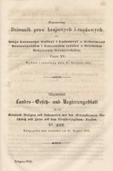 Powszechny Dziennik Praw Krajowych i Rządowych [...] = Allgemeines Landes-Gesetz- und Regierungs-Blatt [...]. 1851, oddział 1, cz. 15