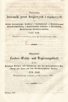 Powszechny Dziennik Praw Krajowych i Rządowych [...] = Allgemeines Landes-Gesetz- und Regierungs-Blatt [...]. 1851, oddział 1, cz. 17