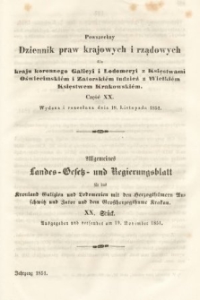 Powszechny Dziennik Praw Krajowych i Rządowych [...] = Allgemeines Landes-Gesetz- und Regierungs-Blatt [...]. 1851, oddział 1, cz. 20