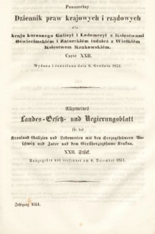 Powszechny Dziennik Praw Krajowych i Rządowych [...] = Allgemeines Landes-Gesetz- und Regierungs-Blatt [...]. 1851, oddział 1, cz. 22
