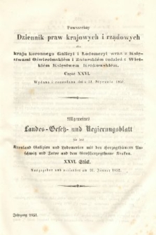 Powszechny Dziennik Praw Krajowych i Rządowych [...] = Allgemeines Landes-Gesetz- und Regierungs-Blatt [...]. 1851, oddział 2, cz. 26