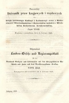 Powszechny Dziennik Praw Krajowych i Rządowych [...] = Allgemeines Landes-Gesetz- und Regierungs-Blatt [...]. 1851, oddział 2, cz. 27